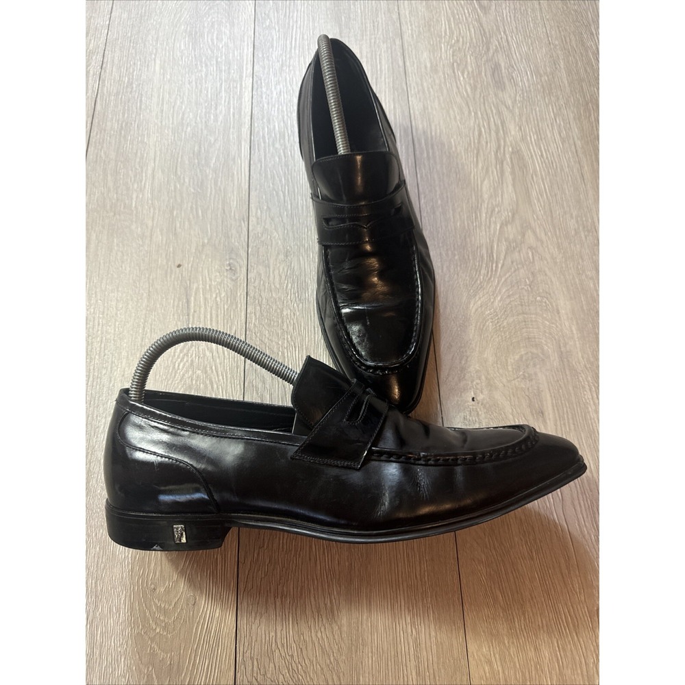 Versace Men's Black Italy Leather Penny Loafers Shoes Apron Toe Size 41 US 9.5
